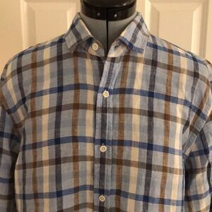 Toscano Aqua 100% Linen Blue White Brown Plaid Shirt Men’s Size L